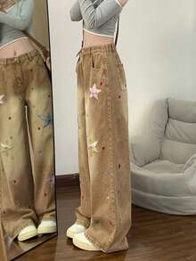 星形贴花宽松直筒牛仔裤，女士款，百搭显瘦 - 摩卡棕 - 查看 7