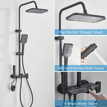 4 Funktionen Mattschwarzes Bad-Duscharmatur-Set Wandmontage Klaviertasten-Regenduschkopf mit Handbrause - Schwarz - Übersicht 2