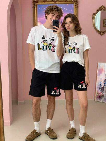Disney 2pcs Mickey Mouse Print Men's Casual Loungewear Set, Crew Neck Top And Shorts, Suitable For Spring/Summer