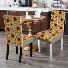 Conjunto de 1/4/5/6/7/36 peças de capas/almofadas para cadeiras com estampa de girassol e folhas verdes, da série Primavera/Verão. Ideal para uso interno em residências, restaurantes e hotéis, perfeito para uma decoração moderna e cotidiana. A toalha de mesa serve para mesas de jantar quadradas e a capa elástica para cadeira é lavável. - Multicolorido - Ver 7