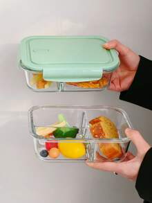 Hộp cơm bento 3 ngăn có nắp đậy bằng thủy tinh, hộp đựng thức ăn hình chữ nhật trong suốt dùng được trong lò vi sóng, thích hợp cho bữa trưa văn phòng, nhà bếp, hộp cơm trưa học sinh. - màu xanh lá - Xem 1