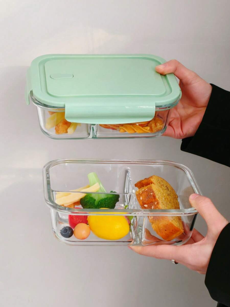 Hộp cơm bento 3 ngăn có nắp đậy bằng thủy tinh, hộp đựng thức ăn hình chữ nhật trong suốt dùng được trong lò vi sóng, thích hợp cho bữa trưa văn phòng, nhà bếp, hộp cơm trưa học sinh. - màu xanh lá - Xem 1