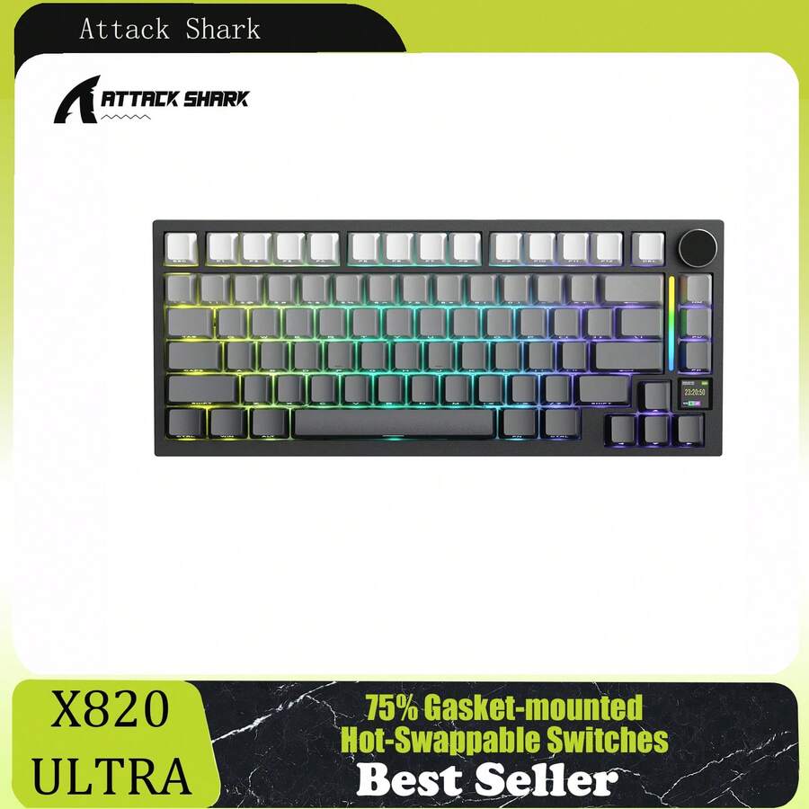 ATTACK SHARK X820 Ultra 75% Wireless Gaming Mechanical Keyboard Hot-Swappable Gasket Mount RGB Backlit BT/2.4G/Wired Custom Keyboard With Smart TFT Display&Knob QMK Driver