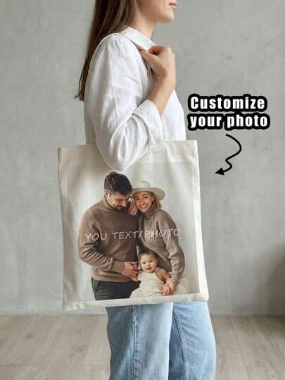 1pc Customized Canvas Bag, Unique Design (Photo, Landscape, Illustration), Foldable, Large Capacity, Lightweight, Stylish, Personalized Tote Bag, Shoulder Bag, Casual Shopping Bag Shop Back To School
