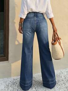 女士奢华海军蓝阔腿牛仔裤，优雅高腰贴袋牛仔裤，时尚Y2K美学春季休闲街头风喇叭牛仔裤 - 中等水洗藍 - 查看 7