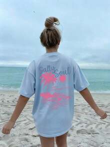 2026 Summer ShirtSALTY SOUL Women's Spring/Summer New Coconut Tree & Sunshine Print Casual Round Neck Short Sleeve T-Shirt, Fashion Versatile, Essential Daily & Vacation Wear. Vacation Printed T-Shirt For WomenLoose And Comfortablesummer Tops - 淺藍色 - 查看 8