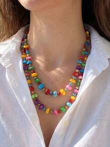 1pc Vintage Necklace, Bohemian Style Colorful Shell Beaded Double Layer Necklace, Retro Luxurious Holiday Long Necklace, Stackable, Assorted Gemstone And Pearl Colors And Shapes - 深色 - 查看 5