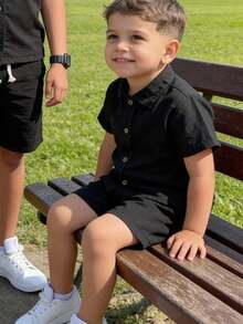 Boys' Linen Outfit With Mandarin Collar. - Black - View 3