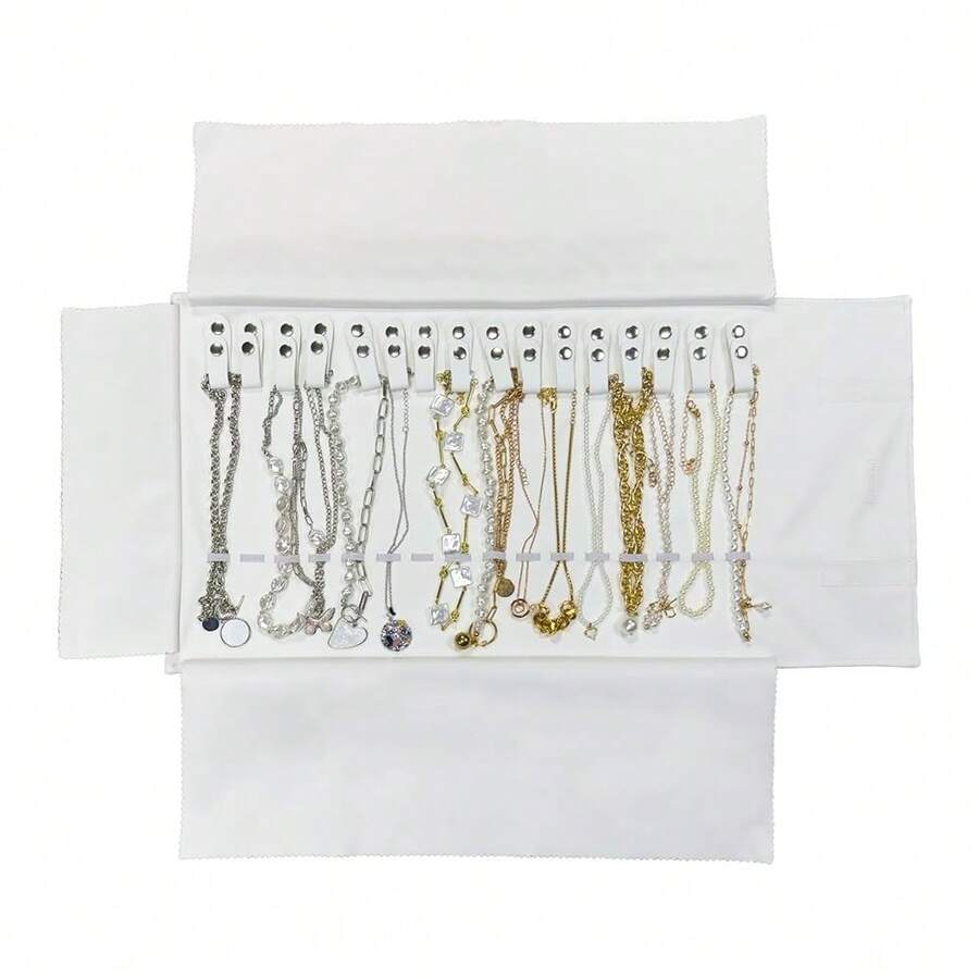 UnionPlus Travel Jewelry Roll, Faux Leather Necklaces Organizer Bag, Elastic Band And Anti-Winding, White - Kulit Putih - View 1