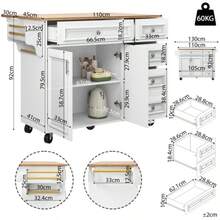 White Vintage Pattern Kitchen Island (110*45-75*92cm) - Removable Serving & Dining Trolley, Multifunctional Buffet Cabinet With Storage, All-In-One For Kitchen & Dining Room - White - View 4
