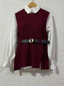 2-Piece Set: Spring Lantern Sleeve Vest And Loose Knit Vest With Front Opening - 酒紅色 - 查看 2