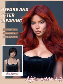 Gradient Red Wig With Long Waves And No Bangs In The Middle Half, 26 Inches, Suitable For Women's Christmas, Halloween, Music Festivals, Parties, And Daily Use - Red Ombre - View 6