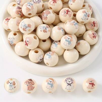 4Amazonia 10/30pcs 16mm Dog Face Printed Large Hole Wooden Beads, Suitable For Beading Wreath Pen DIY Craft Decoration