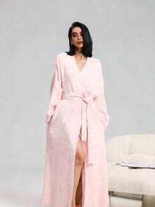 Women's Double-Sided Plush Robe|Heavyweight Long Loungewear|Warm Flannel Pajamas For Fall & Winter|Soft, Cozy, And Wearable Indoors - 粉色 - 查看 1