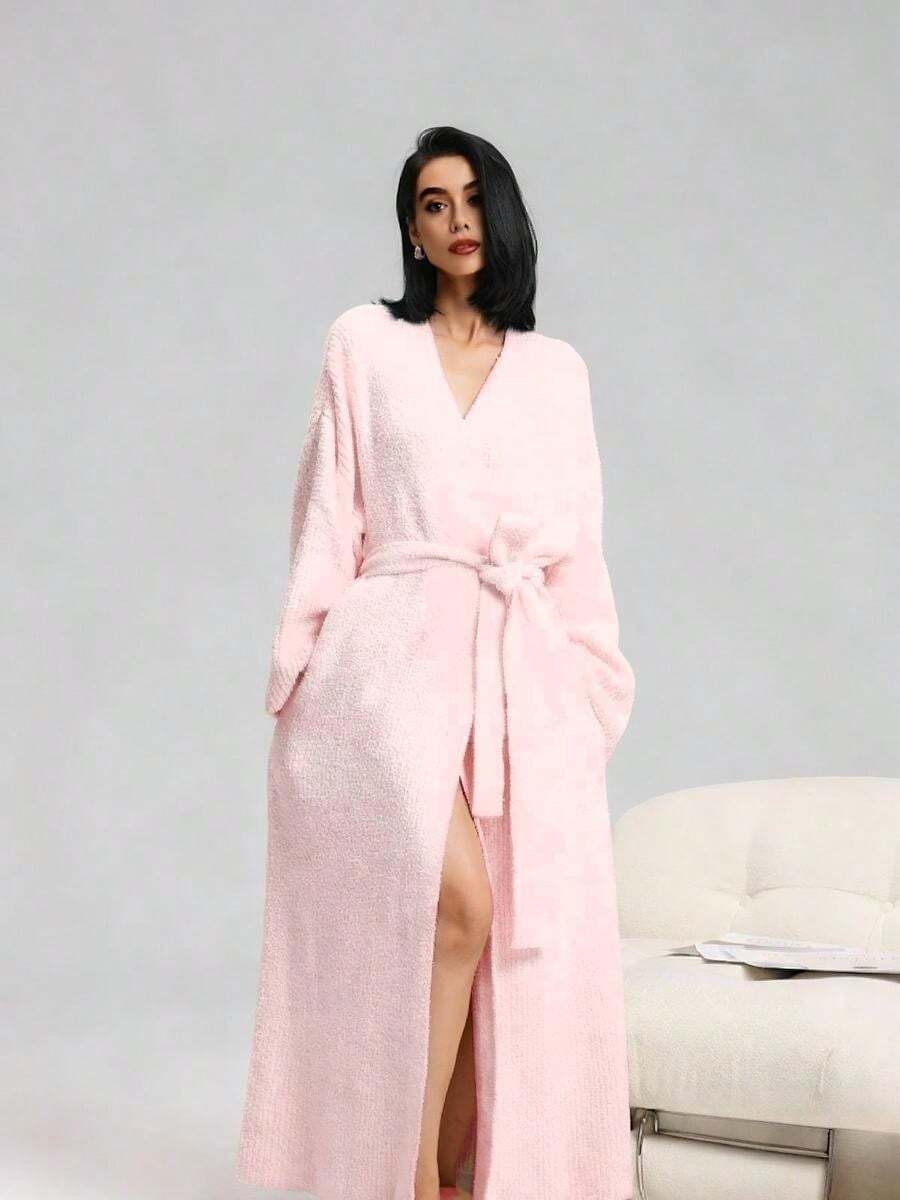 Women's Double-Sided Plush Robe|Heavyweight Long Loungewear|Warm Flannel Pajamas For Fall & Winter|Soft, Cozy, And Wearable Indoors - 粉色 - 查看 1