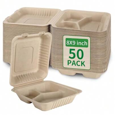 50 Pack 3 Compartment Compostable 8x9 Inch Takeout Lunch Box Containers With Lid To Go Take Out Clamshell For Food, Disposable -Friendly Bagasse, Brown