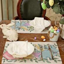 1pc/4pcs Easter Bunny & Leaf Linen Placemats, 12"X18" Seasonal Kitchen Table Decor Mats, Party Decorations, Home Decor - Multicolor - View 3
