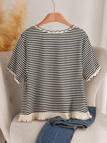 Plus Size Fringe Hem Striped Knit Round Neck Batwing Sleeve Top Black Summer - Black - View 2