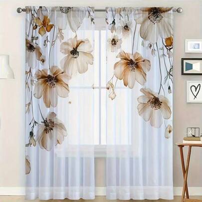 2pcs Lightweight Sheer Floral Curtains - With Rod Pocket Design, Provide Privacy And Easy Installation, Suitable For Living Room And Bedroom Decor, Machine Washable, Versatile Sheer Curtains