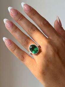 Stylever 1pc 925 Sterling Silver 8*10mm Micro-Pave Shiny Ring, Women's Fashion Wedding Anniversary Gift, Exquisite Jewelry, Everyday Decoration - Green Stone - View 2