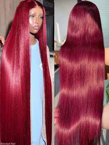 13x4 Straight Wigs Human Hair With Baby Hair 200% Density 99j Burgundy Lace Front Wigs Synthetic Wigs Frontal Pre Plucked Bleached Knots Hd Transparent Bone Straight Lace Front Wigs Human Blended Hair For Women 10-34 Inch - SBUG/99J - View 2