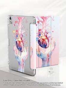 A Tablet Case Featuring A Heart-Shaped Branch Motif, Hand-Painted Double-Sided Printed Tablet Sleeve, Multi-Angle Adjustable Tablet Stand, Foldable Tri-Fold Tablet Cover With Stylus Slot, Magnetic Auto-Sleep/ Wake Smart Power-Saving Feature, High-Transparency Back Panel - Multicolor - View 6