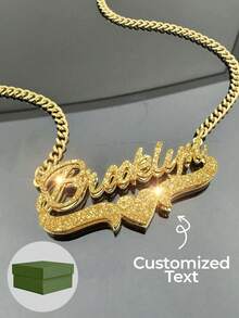 1pc Personalized Custom Text Necklace, Double-Layer+Pressed Sand, Love Necklace, 18k Gold Stainless Steel Custom Jewelry Necklace, 45+5cm, As A Daily Dressing Gift For Valentine's Day, Ramadan. - Frosted Gold - View 1