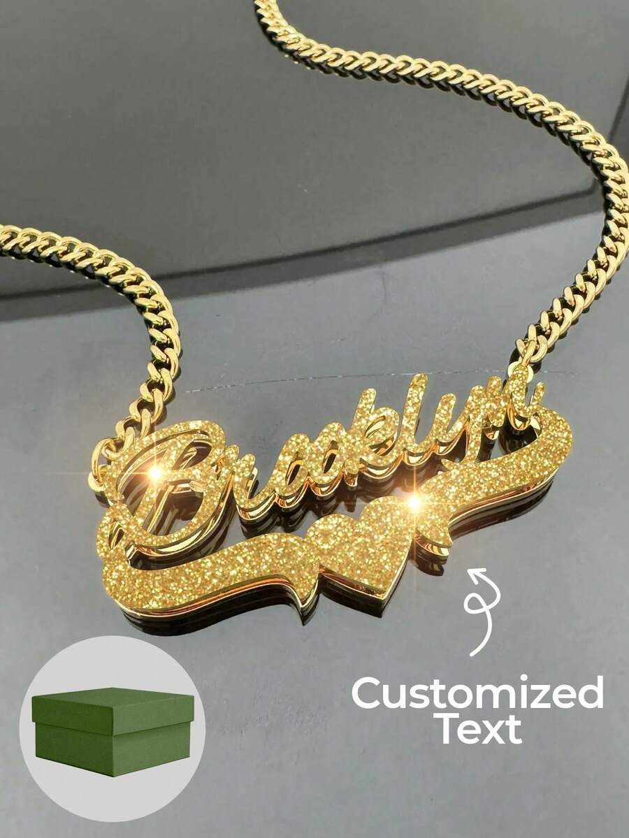 1pc Personalized Custom Text Necklace, Double-Layer+Pressed Sand, Love Necklace, 18k Gold Stainless Steel Custom Jewelry Necklace, 45+5cm, As A Daily Dressing Gift For Valentine's Day, Ramadan. - Frosted Gold - View 1