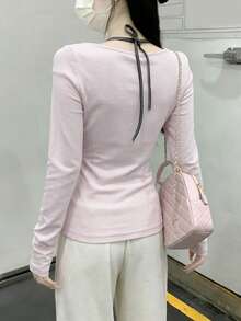 极简性感方领拼接仿两件式长袖打底衫 - 粉色 - 查看 10