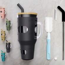 Black 32-Ounce Glass Tumbler With Removable Lid And Straw, Handled Water Bottle Featuring Time Markers And Protective Sleeve, Designed To Fit Most Cup Holders - Black - View 1