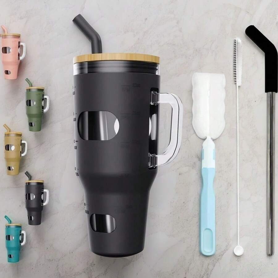 Black 32-Ounce Glass Tumbler With Removable Lid And Straw, Handled Water Bottle Featuring Time Markers And Protective Sleeve, Designed To Fit Most Cup Holders - Black - View 1