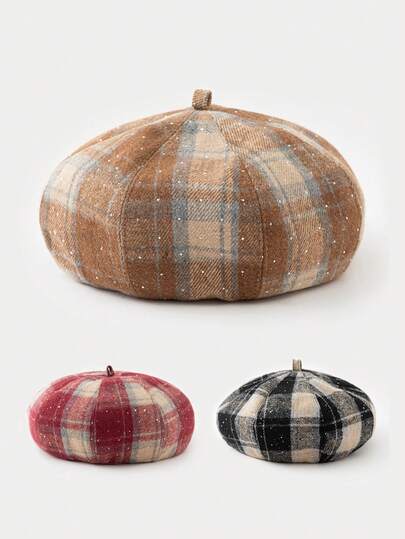 1 pieza Boina de mujer nueva para otoño/invierno, gorra pequeña versátil de moda retro bicolor a cuadros con strass