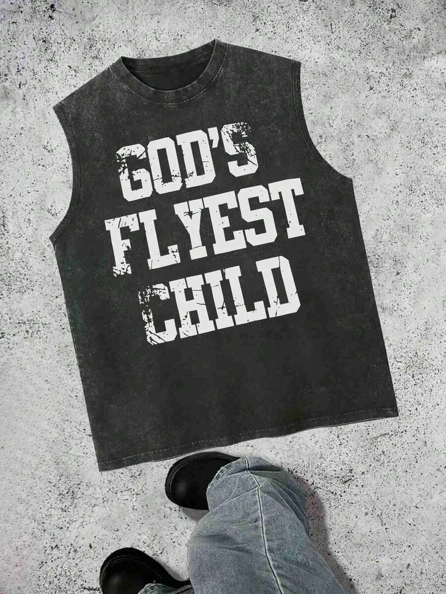God's First Child Graphic Tee, (230g Pure Cotton Tank Tops), Fashionable Vintage Washed Men's Cotton Tank Tops, A Perfect Surprise Gift For Family And Friends, Dropped Shoulder Design, Round Neck, Men's Tank Tops,Men's Summer Tank Tops, Holiday Gift, Ideal Present. - màu đen - Xem 1