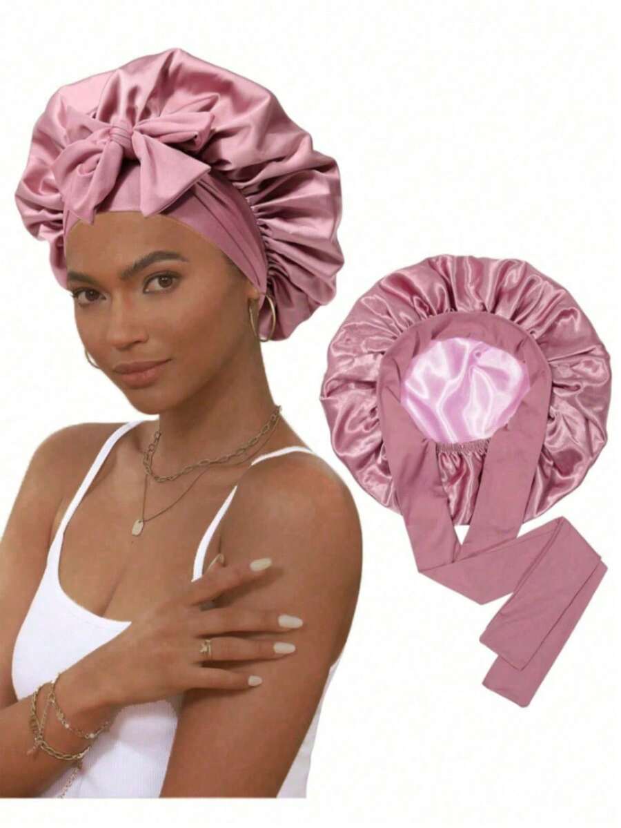 1pc Satin Bonnet, Silk Sleep Cap, Double Layer Hair Cap With Elastic Band, Suitable For Curly Hair Sleeping Cap - Aa - View 1