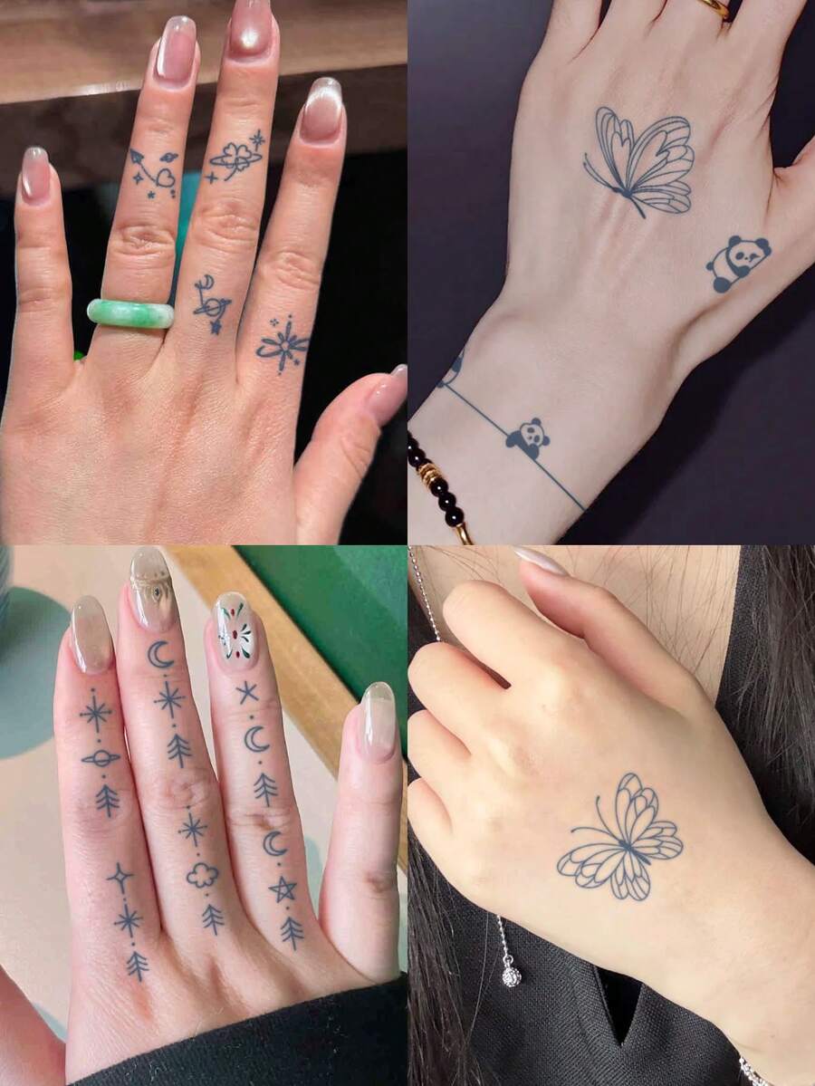 4Pcs Tattoo Fake Temporary Tattoos Y2K Panda Simple Small Geometric Semi Permanent Tattoo Waterproof Sweatproof Last For 1-2 Weeks Anti-Friction Non-Reflective Black For Woman And Men Tattoo Stickers For Arm, Chest, Leg, Finger, Neck - Black - View 1