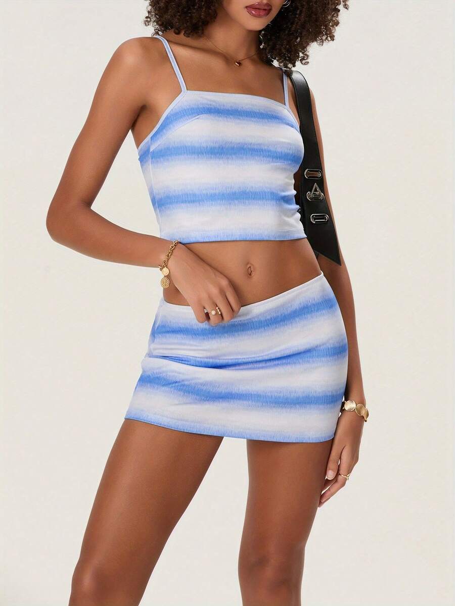 Women's 2 Piece Summer Set, Gradient Striped Square Neck Crop Cami Tops Low Waist Mini Skirt For Party Club - 藍色 - 查看 1
