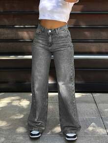 Quần jeans nữ cạp cao có túi, kiểu dáng thường ngày, rộng rãi, ống đứng. - Màu Xám nhạt - Xem 4