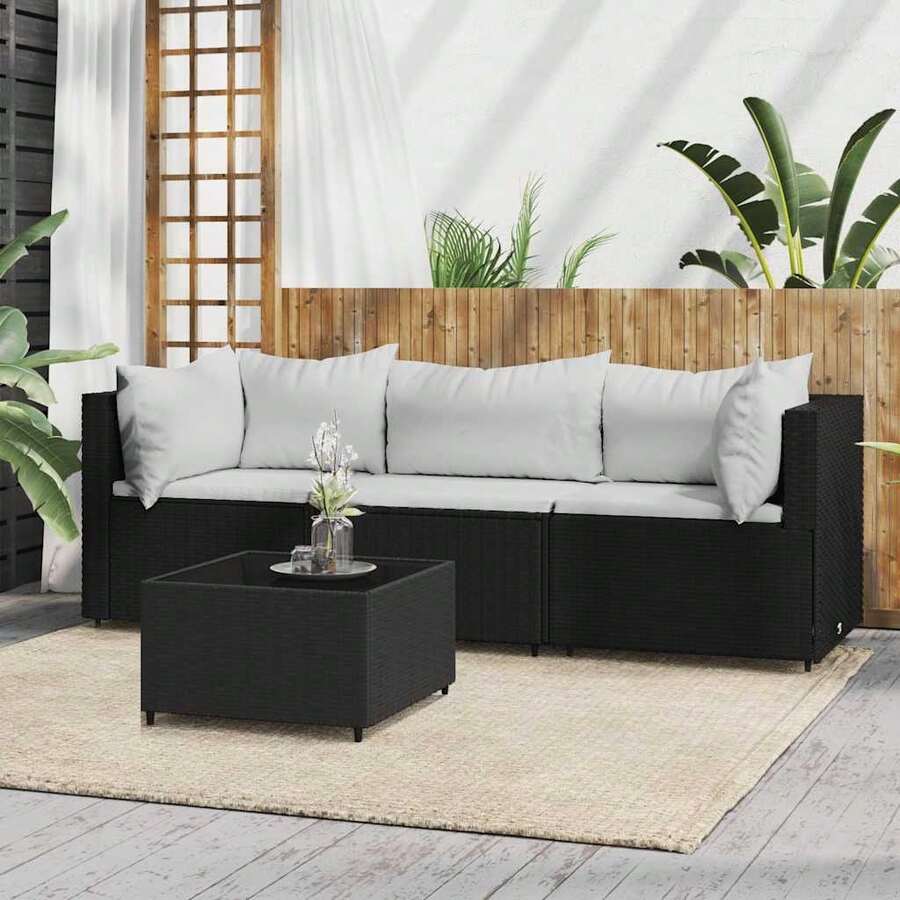 vidaXL 4-Teiliges Garten-Lounge-Set Mit Kissen, Schwarz Polyrattan - 黑色 - View 1