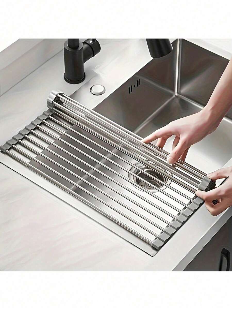 1 cái giá phơi bát đĩa cuộn, giá phơi bát đĩa đa năng bằng thép không gỉ đặt trên bồn rửa, giá phơi di động bằng thép không gỉ, thảm lót bồn rửa, dụng cụ nhà bếp - Nhiều màu - Xem 1