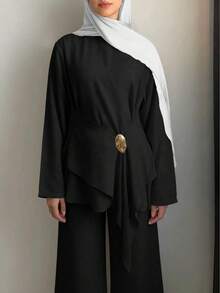 Women Asymmetric Hem Top And Pants Conservative Suit Spring Black - Black - View 9