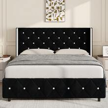 Twin/ Full/ Queen/ King Size Bed Frame With Wingback Headboard, Upholstered Bed Frame With Diamond Headboard And Footboard, Faux Leather Modern Bed Frame, Easy Assembly, Purple/ Blue/ Pink/ White/ Black/ Green - Black - View 1