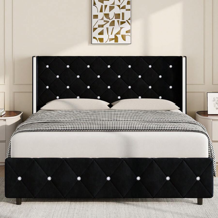 Twin/ Full/ Queen/ King Size Bed Frame With Wingback Headboard, Upholstered Bed Frame With Diamond Headboard And Footboard, Faux Leather Modern Bed Frame, Easy Assembly, Purple/ Blue/ Pink/ White/ Black/ Green - Black - View 1
