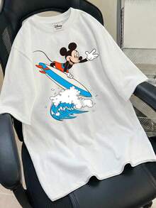 Disney Retro Street Style T-Shirt With Mickey Mouse Lettering, Textured Fabric, Men's Crew Neck Short-Sleeved T-Shirt. - White - View 1