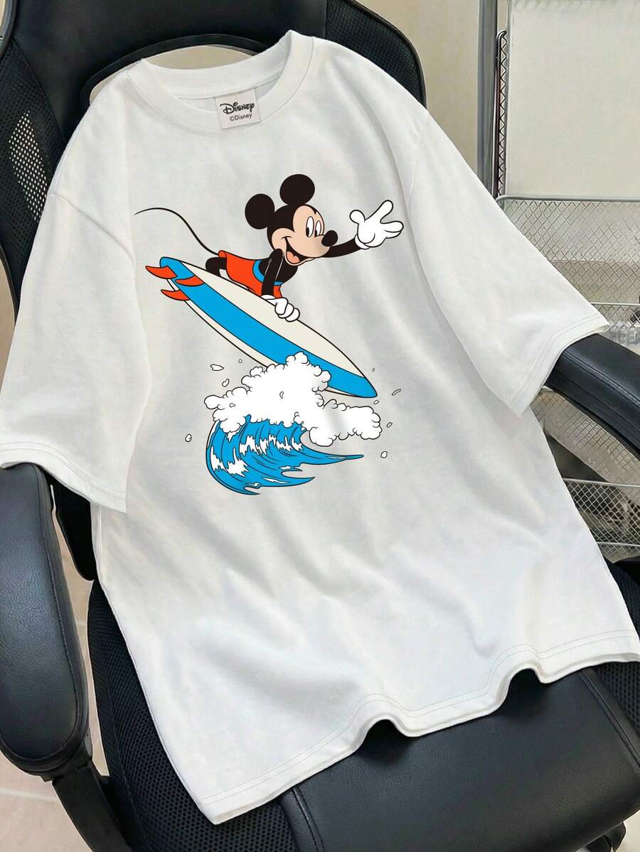 Disney Retro Street Style T-Shirt With Mickey Mouse Lettering, Textured Fabric, Men's Crew Neck Short-Sleeved T-Shirt. - White - View 1