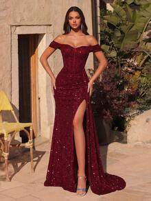 ADYCE Sequin Sweetheart Neck Off-Shoulder Ruched Waist Tie-Up Backless Slit Evening Gown, Formal Prom Dress, New Year Party Dress - Burgundy - View 3