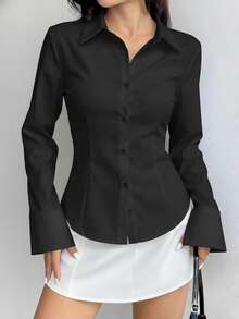 女士春秋新款修身长袖翻领纽扣衬衫，简约时尚优雅休闲必备单品 - 黑色 - 查看 2