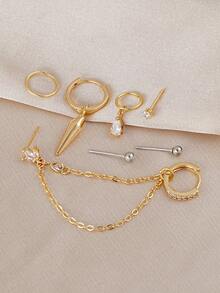 7pcs Personalized Cubic Zirconia Stone Dangle Chain Earrings, Multi-Piercing Jewelry, Suitable For Women's Daily Wear And Party - Multicolor - View 4