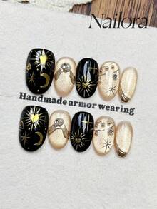 10片手工椭圆形亚克力美甲贴片，适合短指甲，柔和金色、黑色美甲，闪亮猫眼图案，手绘金色不对称线条星心月光图案，珍珠镶嵌，简约优雅奢华秋季美甲，秋季美甲贴片，多功能美甲DIY假指甲，适合派对、日常、约会、海滩、热带度假等场合，可重复使用，适合女性和女孩作为礼物，美甲用品，手工美甲贴片 - 彩色 - 查看 1