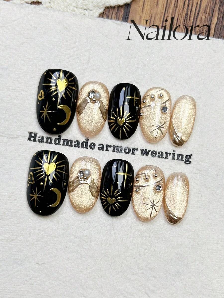 10片手工椭圆形亚克力美甲贴片，适合短指甲，柔和金色、黑色美甲，闪亮猫眼图案，手绘金色不对称线条星心月光图案，珍珠镶嵌，简约优雅奢华秋季美甲，秋季美甲贴片，多功能美甲DIY假指甲，适合派对、日常、约会、海滩、热带度假等场合，可重复使用，适合女性和女孩作为礼物，美甲用品，手工美甲贴片 - 彩色 - 查看 1