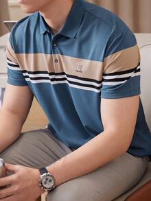 Men's Summer Short Sleeve Polo Shirt, Striped Collar, Casual Business Wear, Blue Half-Placket - Blue - View 5